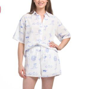 BY FRANKIE White/blue Cotton Paradiso Wave Short Set